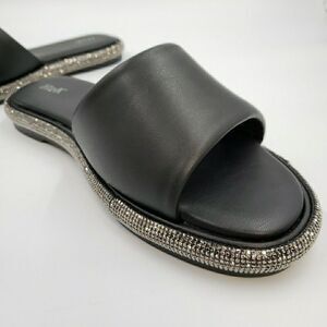 Womens 9 Pool Side Slides Black Silver Sandals Glam Cruise Slipper Summer Shoes